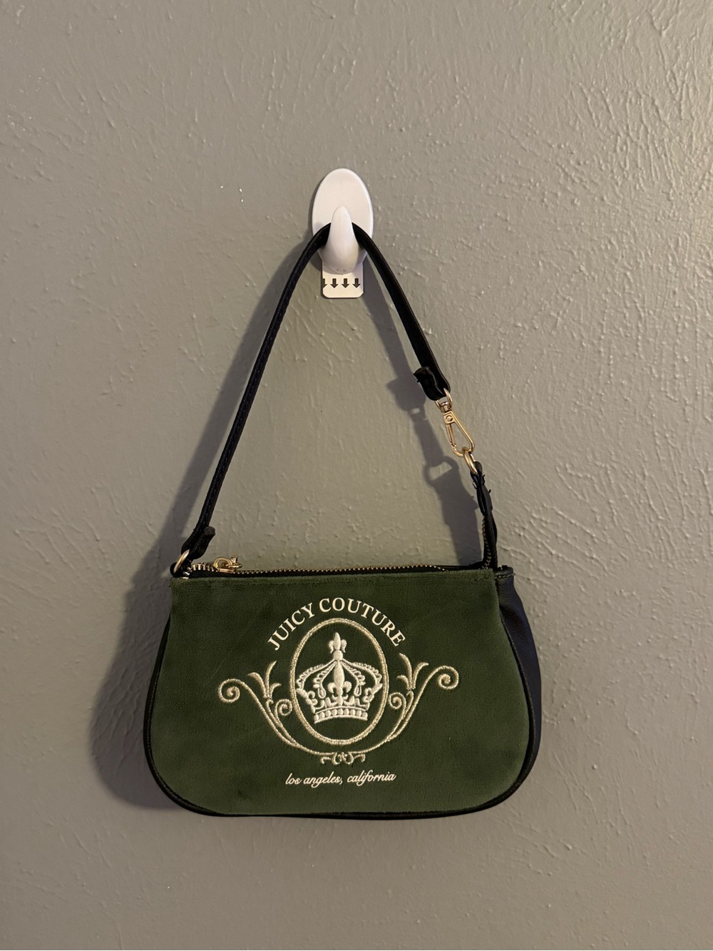 Juicy Couture Dark Green Suede Logo Shoulder Bag with Black Strap